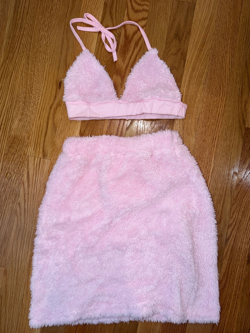 Soft Pink Fuzzy Bralette and Skirt Set - Women's Intimates